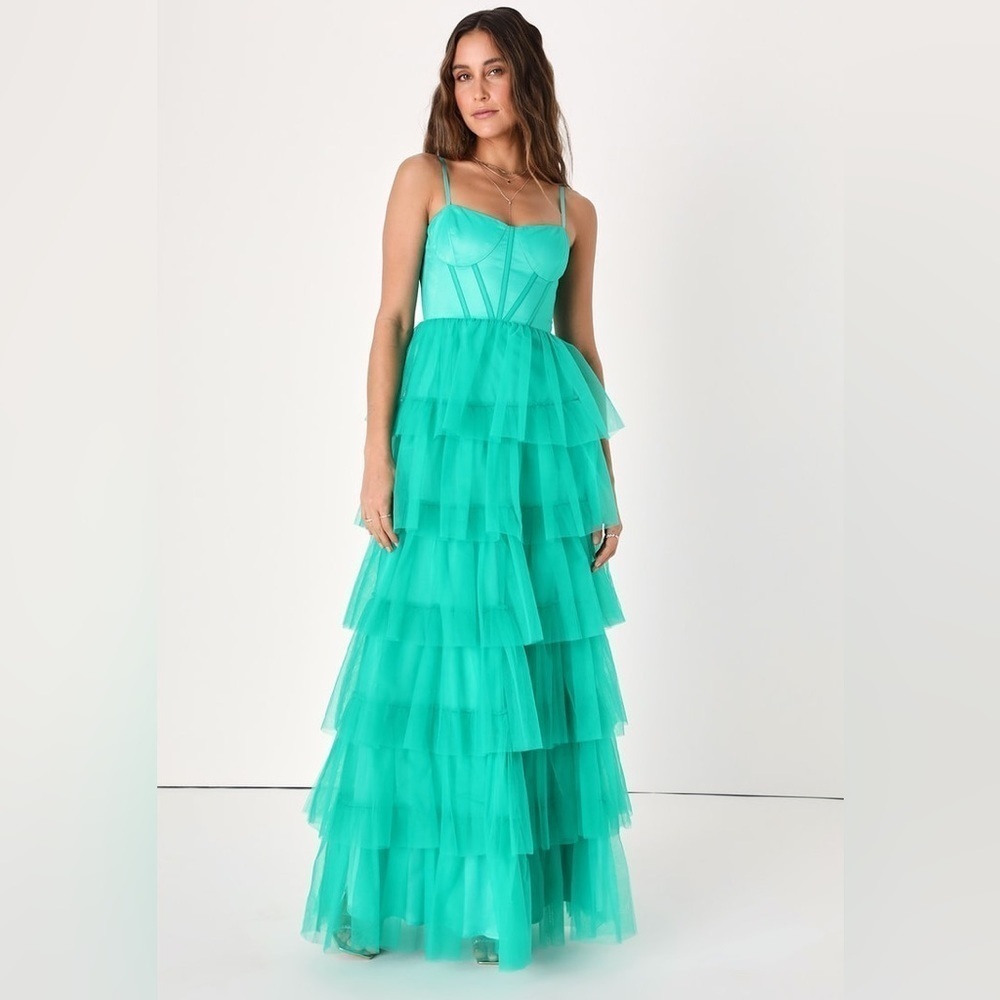 Rule the Runway Teal Green Tulle Bustier Tiered Maxi Dress - Picture 9 of 11